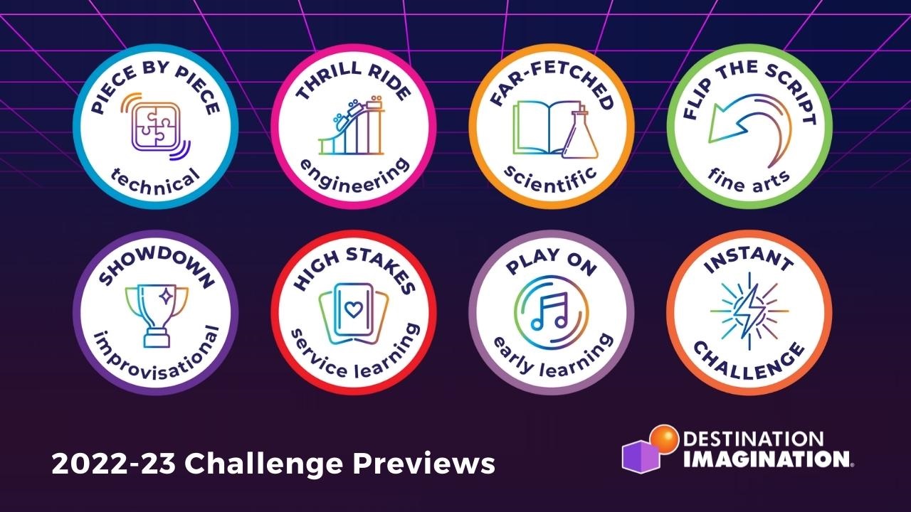 22-23 Destination Imagination Challenge Previews. Image includes the logos for next season's challenges.