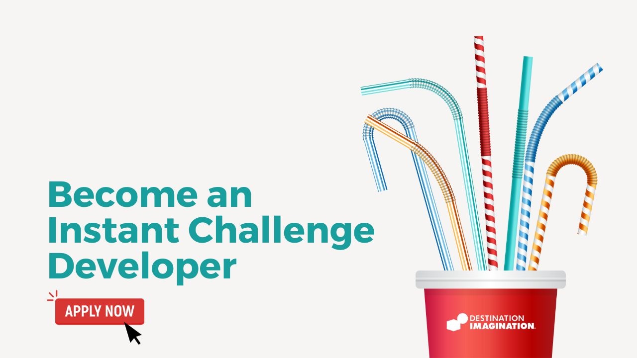 Illustration of a red cup with colorful straws coming out the top. Text says, "Become an Instant Challenge Developer"