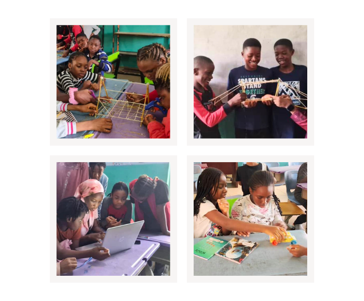 Collage of 4 images of students at a Nigerian summer camp participating in different SkillFire challenges.